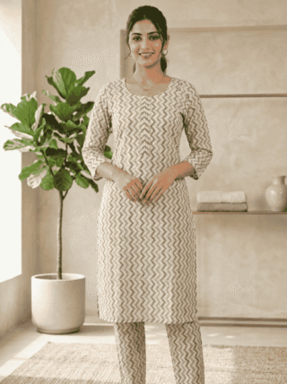 Cream & Grey Kurti With Pant Set